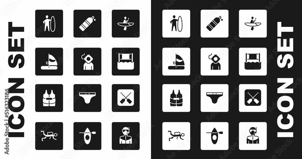 Set Kayak and paddle, Aqualung, Windsurfing, Surfboard, Water volleyball net, Paddle and Life jacket icon. Vector Set Kayak and paddle, Aqualung, Windsurfing, Surfboard, Water volleyball net, Paddle and Life jacket icon. Vector