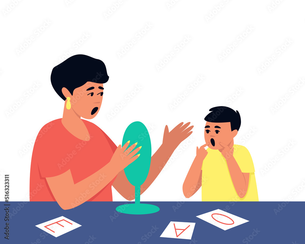 A speech therapist deals with the elimination of speech disorders in a child. A lesson with a mirror in the speech therapist's office develops visual and auditory perception. Flat vector illustration. A speech therapist deals with the elimination of speech disorders in a child. A lesson with a mirror in the speech therapist's office develops visual and auditory perception. Flat vector illustration.