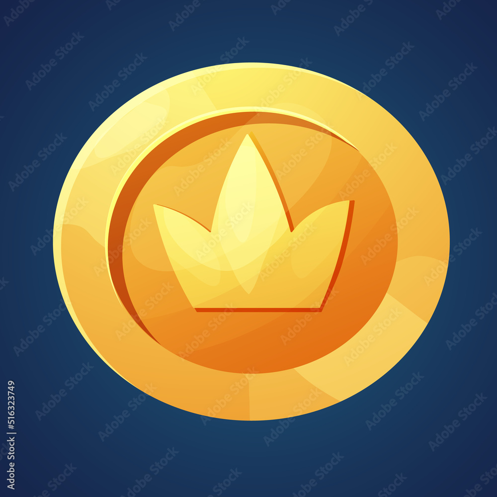 Cartoon golden coin game asset with crown, icon design shiny in cartoon style isolated. Medal, money or bonus.