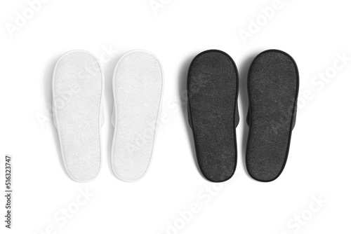 Blank black and white home slippers sole mockup, top view