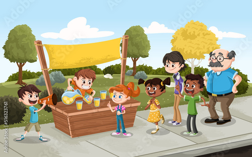 Group of cartoon children buying lemonade at a street market stand. Lemonade stand in the park.
