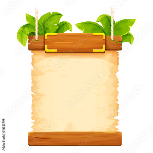 Jungle frame with wooden planks, old paper, rope, decorated plants and leaves in comic cartoon style isolated on white background. Tribal, rural clip art. Ui game asset.