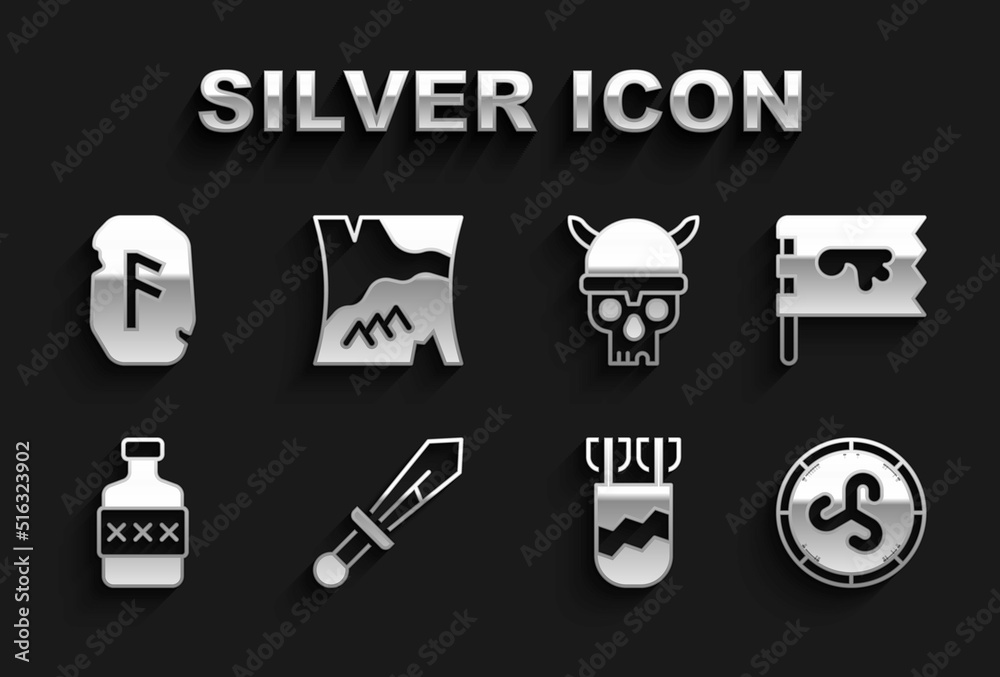 Set Medieval sword, Viking flag, Shield viking, Quiver with arrows, Whiskey bottle, Skull helmet, Magic rune and Folded map icon. Vector Set Medieval sword, Viking flag, Shield viking, Quiver with arrows, Whiskey bottle, Skull helmet, Magic rune and Folded map icon. Vector