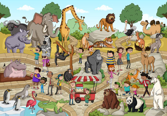 Foto auf Acrylglas Zoo Zoo with cartoon animals and people. Animals and visitors at the zoo.   © denis_pc