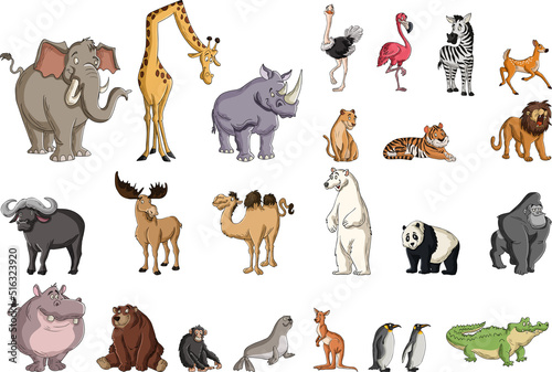 Big group of cartoon animals.  Vector illustration of funny happy animals.   © denis_pc