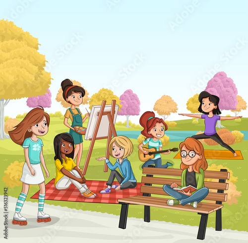 Group of cartoon teenager girls in the park with grass and trees. Nature landscape.

