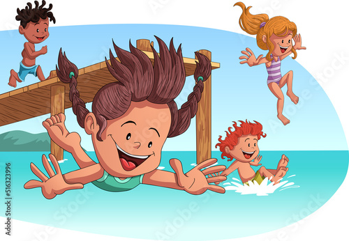 Group of children jumping from wooden pier into the water. Kids having fun jumping in the lake water.