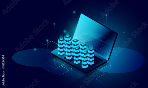 Laptop analysis processing. cloud services concept, file backup and saving, copy of file structure isometric vector , Database.