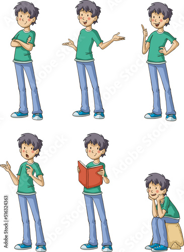 Happy cartoon boy in different activities. Mascot boy with different poses an...