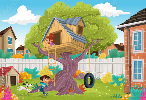 Children kids play arond tree house. Cartoon kids playing with dog in the yard. 

