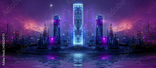 Night city, neon lights of the metropolis. Reflection of neon lights in the water. Modern city with high-rise buildings. Night street scene, city on the ocean. 3D illustration.