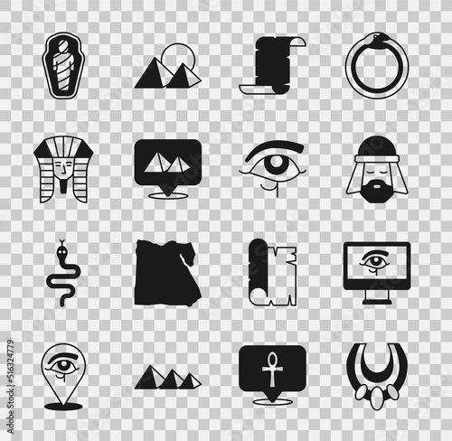 Set Egyptian necklace, Eye of Horus on monitor, man, Papyrus scroll, pyramids, pharaoh, mummy in sarcophagus and icon. Vector