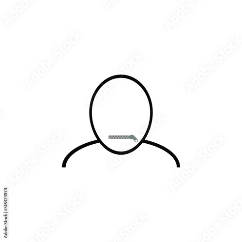 User icon with zipper closing lips shut. Concept of shut up, keeping quiet. Ban cancel culture. Secret information. Concept of censorship and freedom of speech.