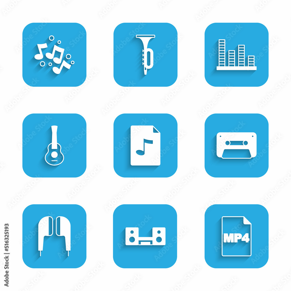 Set MP3 file document, Home stereo with two speakers, MP4, Retro audio cassette tape, Air headphones, Guitar, Music equalizer and note, tone icon. Vector Set MP3 file document, Home stereo with two speakers, MP4, Retro audio cassette tape, Air headphones, Guitar, Music equalizer and note, tone icon. Vector