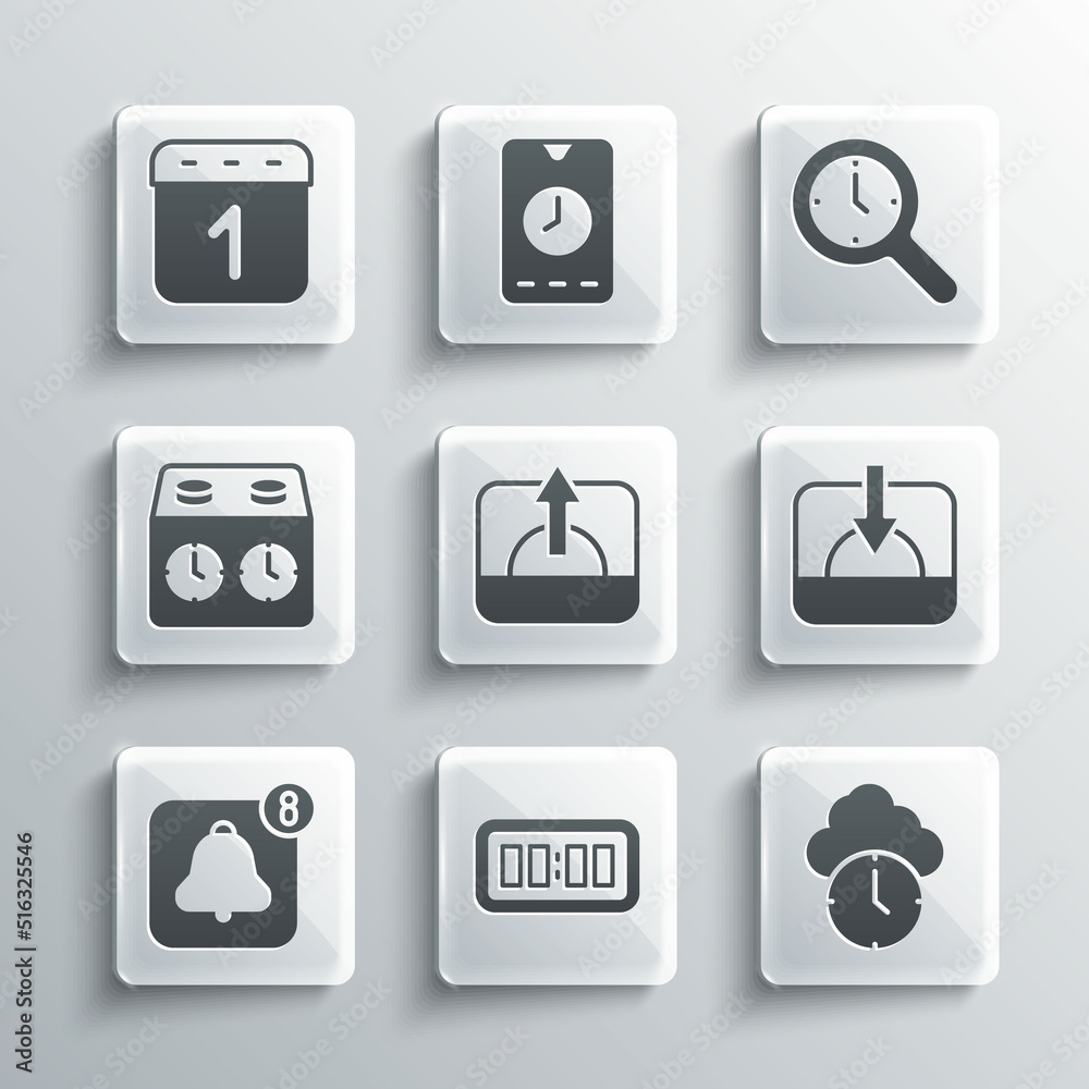 Set Digital alarm clock, Clock, Sunset, Sunrise, Alarm app mobile, Time chess, Calendar and Magnifying glass with icon. Vector Set Digital alarm clock, Clock, Sunset, Sunrise, Alarm app mobile, Time chess, Calendar and Magnifying glass with icon. Vector