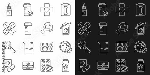 Set line Medicine bottle, Cross hospital medical, tag, Heart with cross, Crossed bandage plaster, Bottle nasal spray and icon. Vector