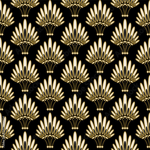 Art Deco shell pattern in gold, ivory and black. Luxury ornamental geometric decor. Interior design wallpaper. 