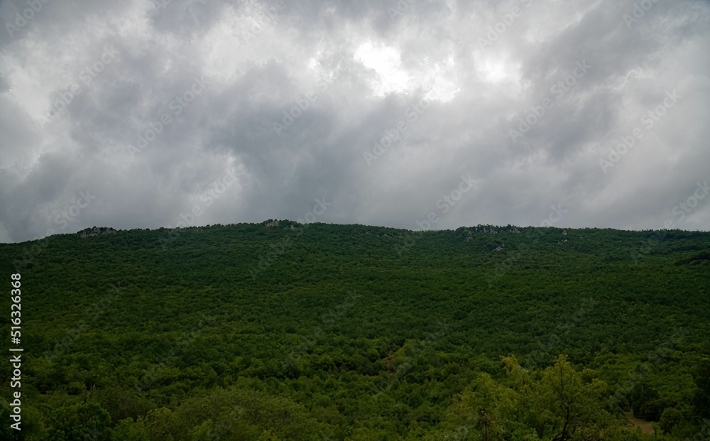 dramatic clouds hanging over the range of a green mountain forest