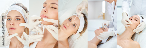 Beautiful image collage of medical cosmetology treatments botulinum injection