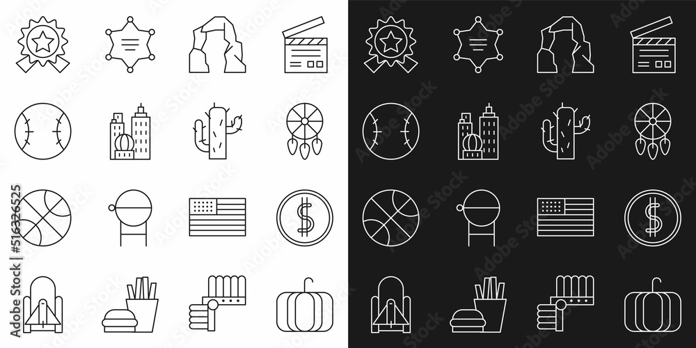 Set line Pumpkin, Coin money with dollar, Dream catcher feathers, Grand canyon, City landscape, Baseball ball, Medal star and Cactus icon. Vector