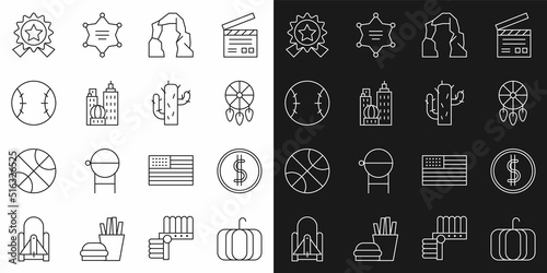 Set line Pumpkin, Coin money with dollar, Dream catcher feathers, Grand canyon, City landscape, Baseball ball, Medal star and Cactus icon. Vector