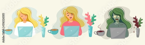 A set of images with a girl and a laptop. A woman working at a computer turns into a zombie on Halloween. Comic vector design with autumn leaves and coffee cup. Template for postcard, banner, poster.