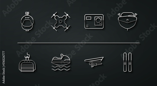 Set line Helmet and action camera, Ski lift, Speedboat, Hang glider, Jet ski, Drone flying, sticks and Action extreme icon. Vector