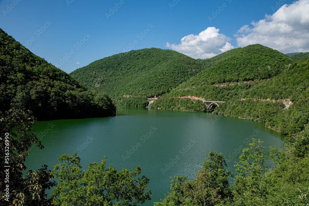 Obraz premium Debar lake in North Macedonia with green forest mountains