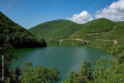 Debar lake in North Macedonia with green forest mountains