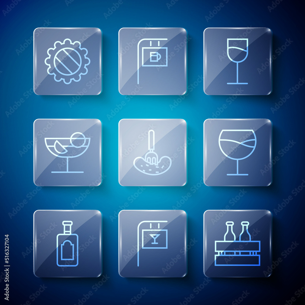 Set line Whiskey bottle, Street signboard with Bar, Pack of beer bottles, Wine glass, Pickled cucumber on fork, Cocktail, Bottle cap and icon. Vector Set line Whiskey bottle, Street signboard with Bar, Pack of beer bottles, Wine glass, Pickled cucumber on fork, Cocktail, Bottle cap and icon. Vector