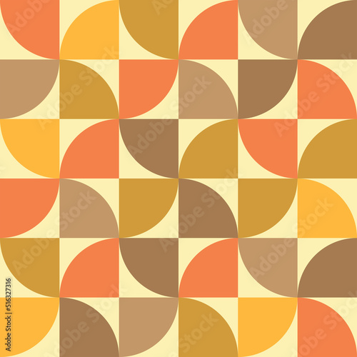 Mid century modern geometric shapes seamless pattern in orange, amber, brown on light cream background. For backgrounds, home décor, wall art,  wallpaper and textile.  