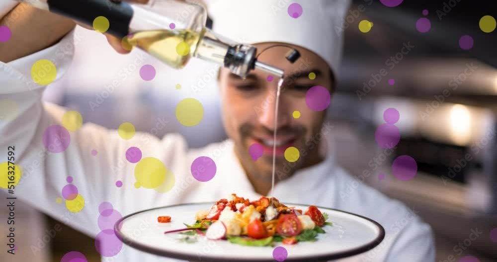 Animation of falling yellow and purple dots over cook Animation of falling yellow and purple dots over cook