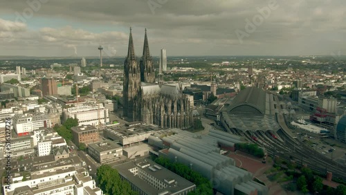 Aerial establishing shot of the city of Cologne, Germany photo
