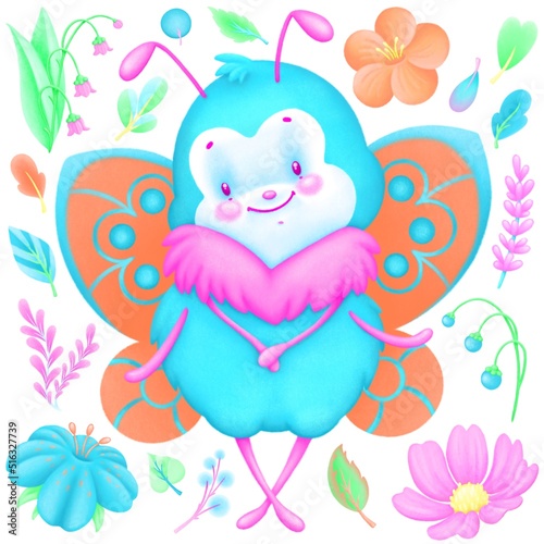 A cute little butterfly surrounded by various colorful plants, lots of pretty flowers and leaves. Digital drawing, illustration.