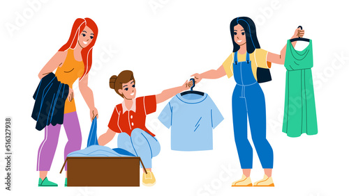 Clothes Swap Party Enjoying Young Women Vector. Girls Resting On Swap Party And Exchanging Fashion Textile Clothing. Characters Happiness Ladies Leisure Time Together Flat Cartoon Illustration photo