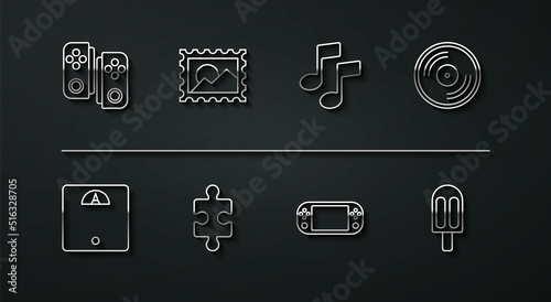 Set line Gamepad, Bathroom scales, Vinyl disk, Portable video game console, Piece of puzzle, Postal stamp, Ice cream and Music note, tone icon. Vector
