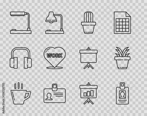 Set line Coffee cup, Identification badge, Cactus and succulent in pot, Table lamp, Heart with text work, Chalkboard diagram and Plant icon. Vector