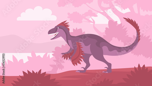 Velociraptor with dangerous claws. Predatory dinosaur of the Jurassic period. Raptor with feathers. Strong hunter lizard. Wildlife with prehistoric forest. Cartoon vector illustration © Mikhail Ognev