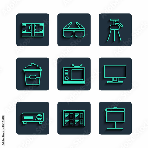 Set line Movie, film, media projector, Online play video, Projection screen, Tripod, Retro tv, Popcorn box, Stacks paper money cash and Smart Tv icon. Vector