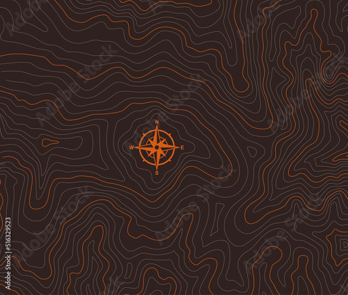 Vector colored background with topographical contour texture, isolines with compass.