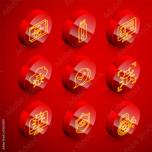Set line Browser incognito window, USB flash drive, Create account screen, System bug on cloud, Check mark speech bubble, monitor and Shield and eye icon. Vector