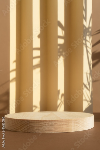 Geometric wooden podium on an abstract beige and brown background with a shade of palm leaves. A scene with a geometric background. Backdrop for the product presentation