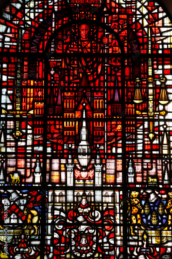 St Mary le Bow church, City of London. Stained glass designed by John Hayward : Saint Paul, patron saint of the City of London