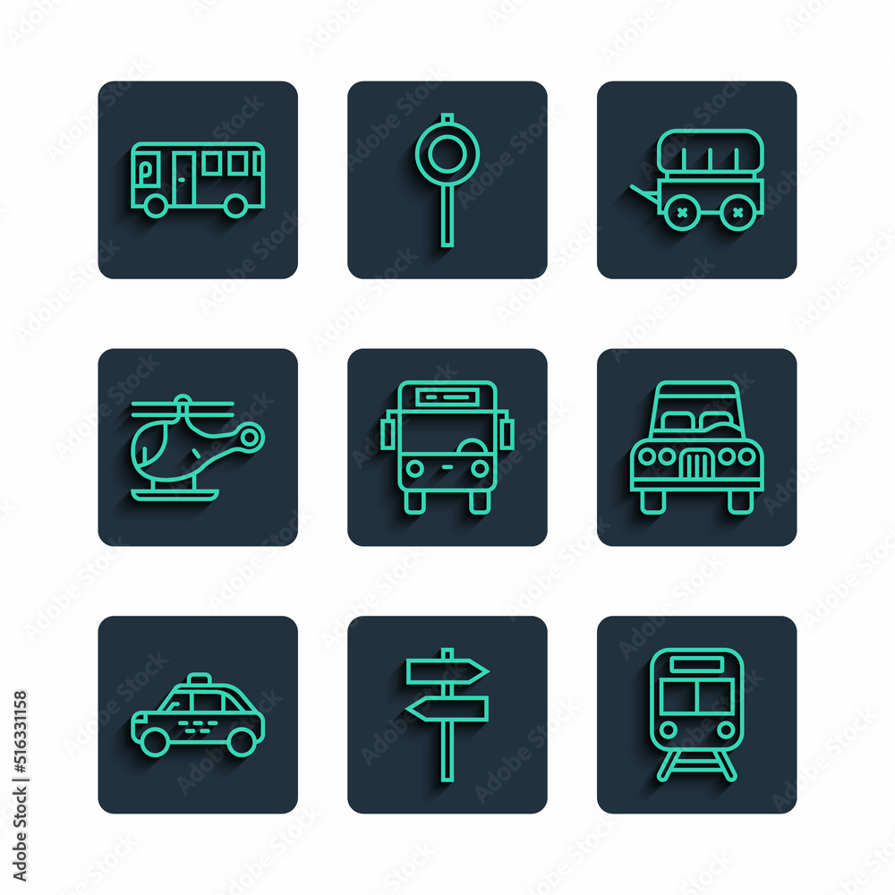 Set line Taxi car, Road traffic signpost, Train and railway, Wild west covered wagon, Bus, Helicopter, and Car icon. Vector Set line Taxi car, Road traffic signpost, Train and railway, Wild west covered wagon, Bus, Helicopter, and Car icon. Vector