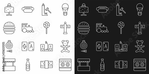 Set line Shooting gallery, Teddy bear plush toy, Road traffic signpost, Striker attraction with hammer, Toy train, Burger, Magic ball table and Lollipop icon. Vector