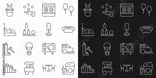 Set line Popcorn in box and glass, Toy train, Hotdog, Shooting gallery, Bottles ball, Bumper car, Magician hat rabbit and Tree icon. Vector
