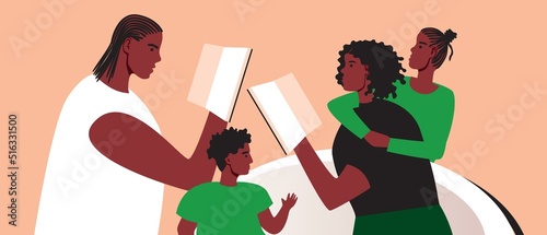 African family with children reads book or studies history of Juneteenth holiday, flat desktop illusion with people while reading together