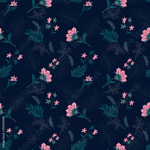 Seamless floral pattern in many kinds of colors. Abstract flowers and leaves scattered randomly. Clipping masks used.