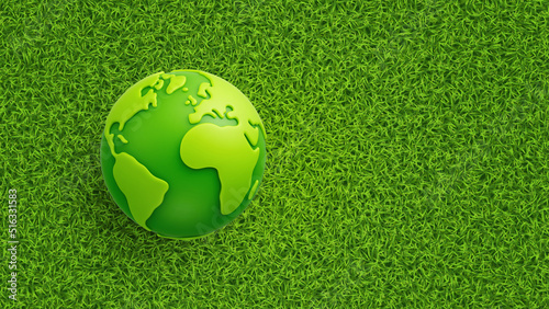 Green cartoon planet Earth on grass background. Earth Day. Green planet. Ecological concept. Mother Nature. Realistic 3d vector illustration