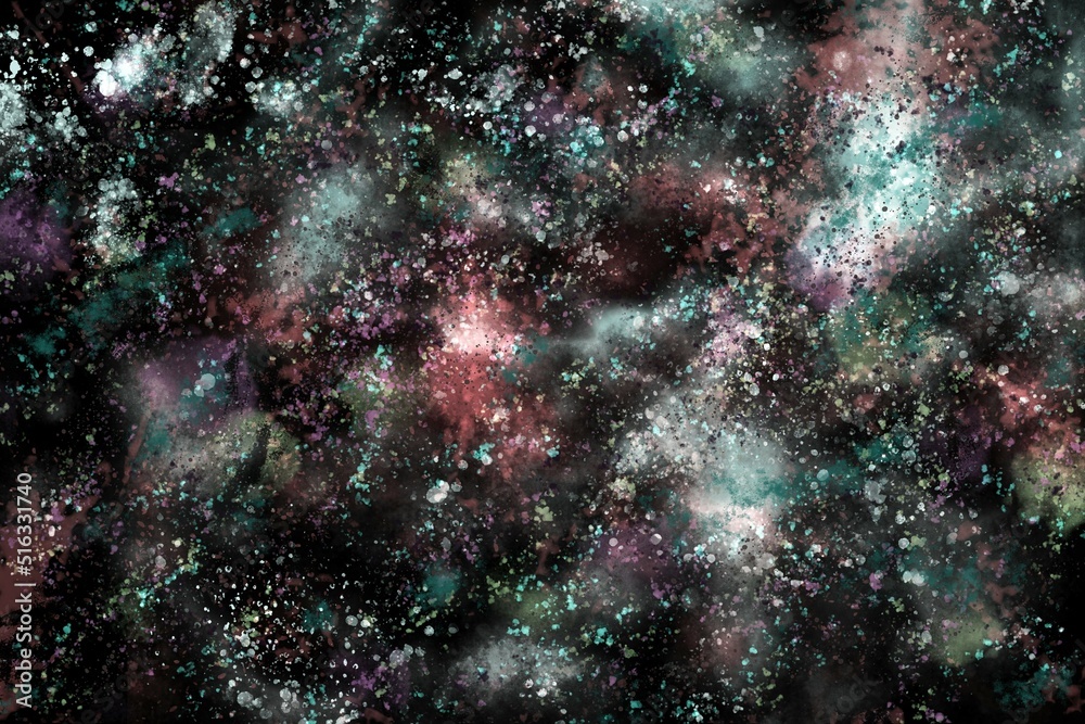 Watercolor abstract space background. Small inclusions of pastel tones on the highlighted spots and black background.